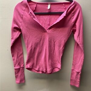 Free People Pink Ribbed Long Sleeve V-Neck Top